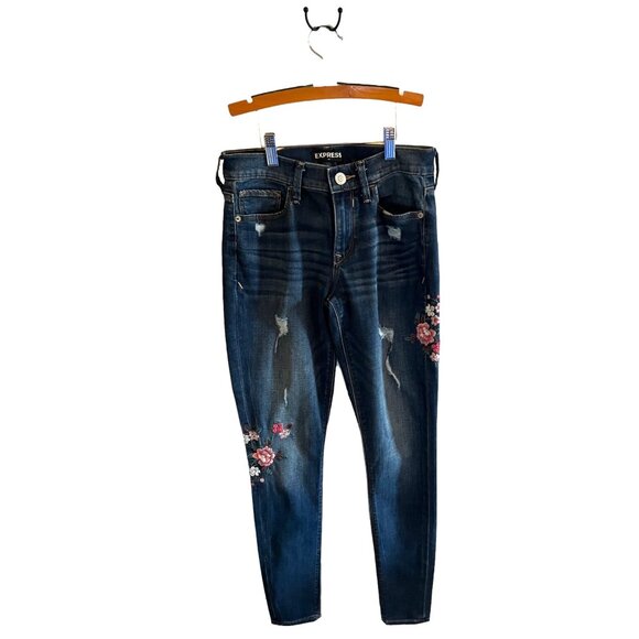 Express Womens Distressed Floral Embroidered Skinny Legging Jeans Size 0 Cotton - Picture 8 of 16